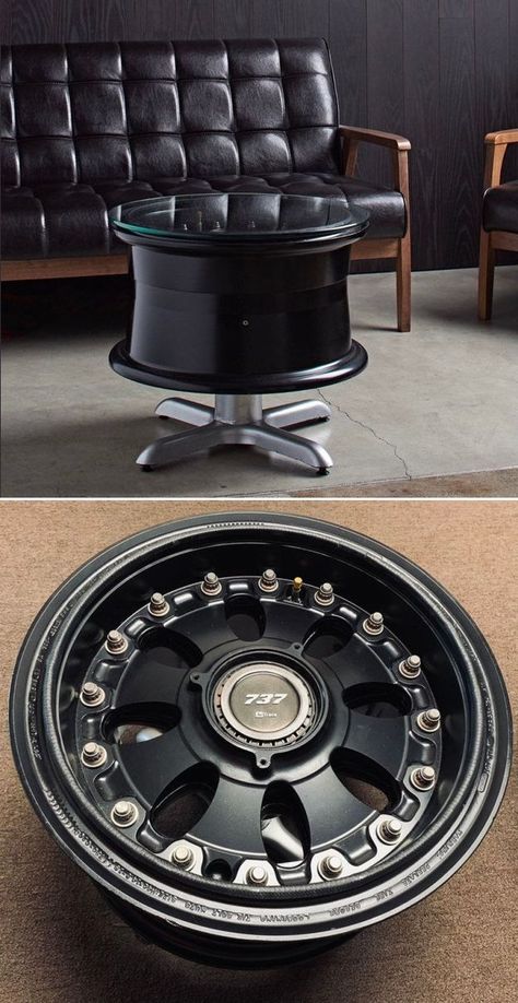 This black-colored table sits on a shiny pedestal base. The wheel was sourced from Transaero Russia and repaired at the Dallas Centerline wheel repair station. Wheel Table, Cardboard Chair, Colored Table, Wheel Repair, Epoxy Table, Dark Furniture, Upcycled Home Decor, House Decorations, Boeing 737