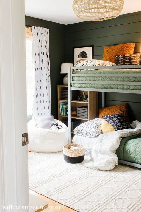 Mom And Son Shared Room Ideas, Brothers Bunk Beds, Toddler Bunk Bed Rooms, Vintage Vogue Bedroom Ideas, Harry Potter Shared Bedroom, Boys Room Shared Bedrooms Bunk Beds, Modern Rustic Playroom, Little Boy Shared Bedroom Ideas, Boy Bunk Bed Room