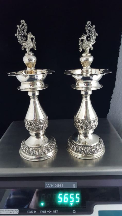 Silver Diya Designs, Silver Deepam Design Antique, Silver Deepam Lamps, Silver Diyas For Pooja, Silver Deepam Design, Silver Deepam, Silver Diya, Silver Utensils, Silver Home Accessories