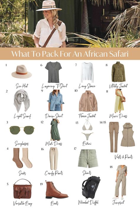 What to Pack for an African Safari • The Blonde Abroad African Trip Outfits, Chic Safari Outfits, What To Pack For African Safari, What To Pack For South Africa, Safari Chic Outfits Women, Women’s Safari Outfit, Safari Hat Women, Safari Outfit Women Africa Style, Winter Safari Outfits