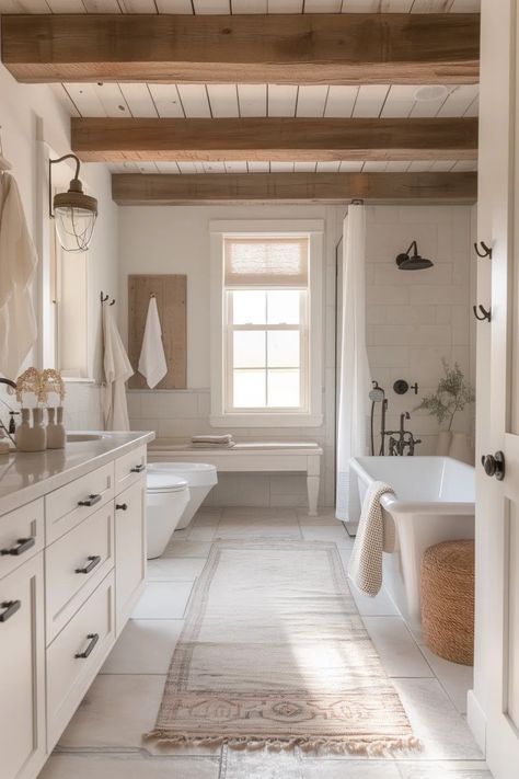 Country Living Bathroom Ideas, Modern Farm Bathroom Design, White Farmhouse Master Bath, White Bathroom With Wood Accents, Neutral Farmhouse Bathroom, European Farmhouse Bathroom, White Wood Bathroom, Cottage Bathroom Inspiration, Modern Cottage Bathroom