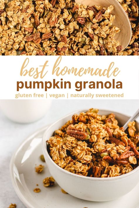 Pumpking spice granola, anyone? This is the best homemade pumpkin granola recipe. This easy, healthy granola recipe is naturally sweetened, gluten free, vegan and full of pecans and pumpkin seeds - a real, clean eating granola recipe at it's best. #cleaneatingbreakfast #easyhealthygranola #glutenfreevegangranola Pumpkin Spice Granola Healthy, Homemade Pumpkin Granola, Granola With Pumpkin Seeds, Pumpkin Seed Granola Recipe, Keto Pumpkin Granola, Pumpkin Granola Healthy, Healthy Pumpkin Granola, Pumpkin Spice Granola Recipe, Easy Healthy Granola Recipe