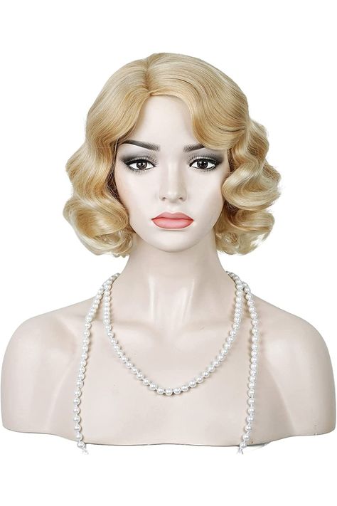 Flapper Hair Piece, Flapper Girl Hair, Sailor Makeup, Blonde 1920s Woman, Blonde Deep Wave Wig, Blonde Wig Pinned Up, 1920s Wig, Big Wavy Curls, Blonde Deep Wave