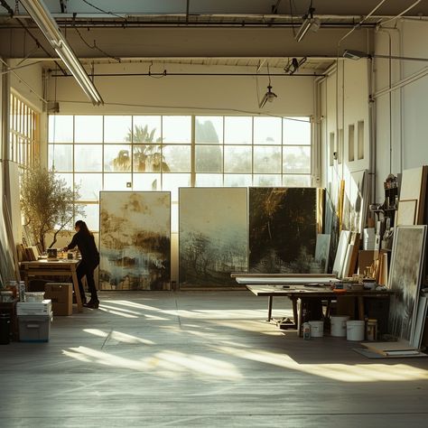 Artist's Sunny Studio: An artist's studio bathed in natural light with large canvases and paint supplies all around. #studio #artist #sunlight #canvases #painting #creativity #workspace #art #aiart #aiphoto #stockcake https://ayr.app/l/p6Wp Big Art Studio Work Spaces, Coworking Art Studio, University Art Studio, Nyc Art Studio, French Art Studio, Work Environment Aesthetic, Warehouse Art Studio, Art Studio Space Ideas, Luxury Art Studio