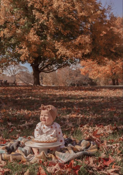 1st Birthday Picture Ideas Fall, 1st Birthday Photoshoot November, Outdoor Fall 1st Birthday Pictures, First Birthday Pie Smash, 1st Birthday Pie Smash, Fall First Birthday Photoshoot Outside, Fall Theme First Birthday Photoshoot, November 1st Birthday Photo Shoot, Fall Cake Smash Photoshoot