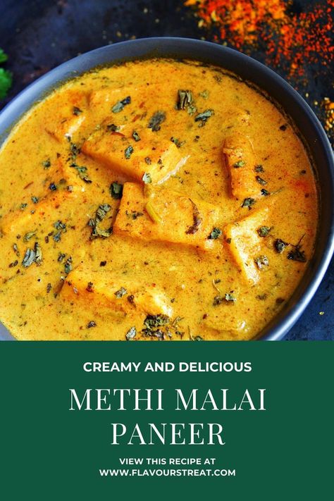 Methi Malai Paneer is a classic Indian curry with cottage cheese and fenugreek leaves cooked in a creamy and rich sauce. This restaurant-style paneer curry is a perfect party recipe to feed a crowd at pot lucks, family gatherings and celebrations. Indian paneer recipes | restaurant style curry | easy paneer recipes | #Indianrecipes #Indianfood #methimalaipaneer #vegetarian #easyindianrecipes #quickdinnerrecipe #vegetarian #paneerrecipe #restaurantstylerecipe #copycatrecipe Paneer Cheese Recipes, Paneer Gravy Recipe, Indian Paneer Recipes, Easy Paneer Recipes, Paneer Curry Recipes, Methi Recipes, Butter Paneer, Curry Easy, Paneer Curry