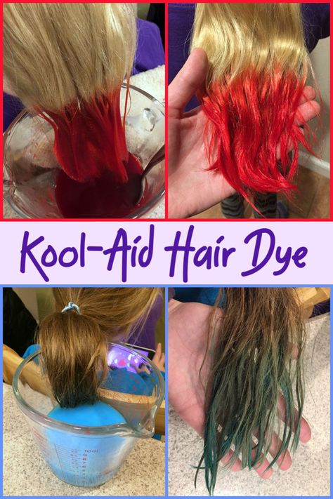 Safe Hair Dye For Kids, Dye Hair Tips, Kids Hair Color Ideas Girls Fun, How To Dye Hair At Home Without Dye, Fun Color Hair, Kids Hair Dye Ideas, Summer Hair Dye Ideas, Koolaid Hair Dye How To, Temporary Hair Dye For Kids