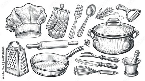 Bakery Mural, Kitchen Utensils Drawing, Cake Draw, Nike Photoshoot, Food Sketches, Scratchboard Illustration, Illustrated Recipe, Cake Drawing, Kitchen Drawing