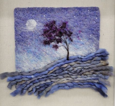 Felt Art, Trees, Snow, Felted, Felt Painting, Felted Wool Art, Wool Painting, Needle Felt Painting, in 10x10 Frame Behind Glass - Etsy Canada Moonlight Landscape, Felted Painting, Felt Painting, Wool Painting, Felt Wall Hanging, Needle Felting Diy, Wool Felt Projects, Wet Felting Projects, Felting Ideas