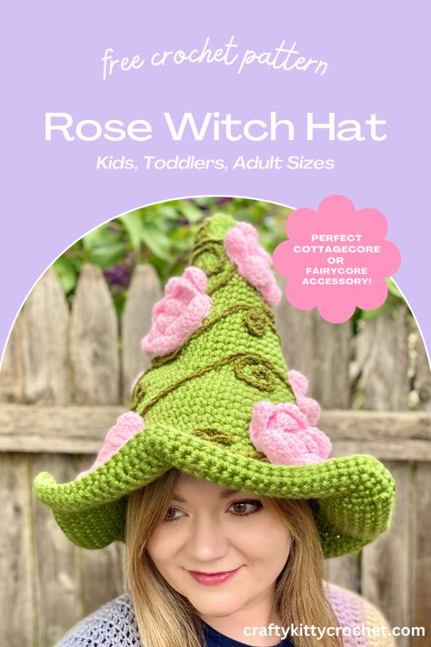 Crochet Whimsical Witch Hat, Wizard Hat Crochet Pattern Free, Fae Crochet Pattern, Ren Faire Crochet Pattern Free, Ren Fair Crochet Patterns, Crochet Costume Hat, Crochet Fairy Hat Pattern Free, Free Cottagecore Crochet Patterns, Crochet Hat Display