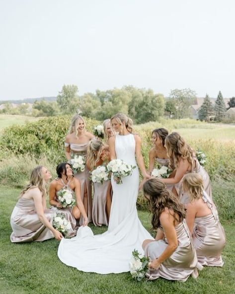 A sweet moment with your best crew 🤍 Featuring our Shiny Satin bridesmaid dresses in Taupe #BIRDYGREY #birdyinthewild Bride: @brookekcarroll_ Photographer: @mariahjonesphoto Florist: @petals_n_bloom Venue: @destinationlgweddings Coordinator: @graceful_events_weddings Lead: @gracefuleventsandrea Bridesmaid Dresses With Bright Flowers, Taupe Bridal Party, Taupe Wedding Colors, Nude Dresses, Taupe Bridesmaid, Bridal Parties Colors, Taupe Wedding, Taupe Bridesmaid Dresses, Neutral Bridesmaid Dresses