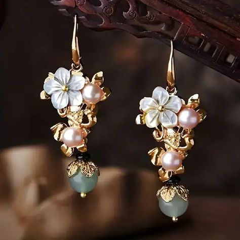 Delicate Flower Faux Pearl Drop Dangle Earrings For Women Party Gift Jewelry - Jewelry & Accessories - Temu Jade Earrings, Pearl Earrings Dangle, Beaded Dangle Earrings, Floral Earrings, Flower Earrings, Vintage Earrings, Earrings Handmade, Fashion Earrings, Faux Pearl