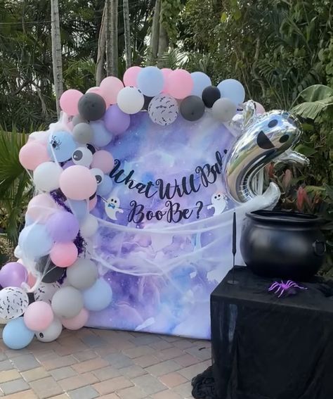 Boo Baby Gender Reveal, Booy Or Ghoul Gender Reveal Ideas, Pastel Halloween Gender Reveal, Goth Gender Reveal Ideas, Halloween Gender Reveal Ideas October, Boo-y Or Ghoul Gender Reveal, Witchy Gender Reveal Ideas, Gender Reveal Ideas Halloween Theme, Halloween Gender Reveal Decorations