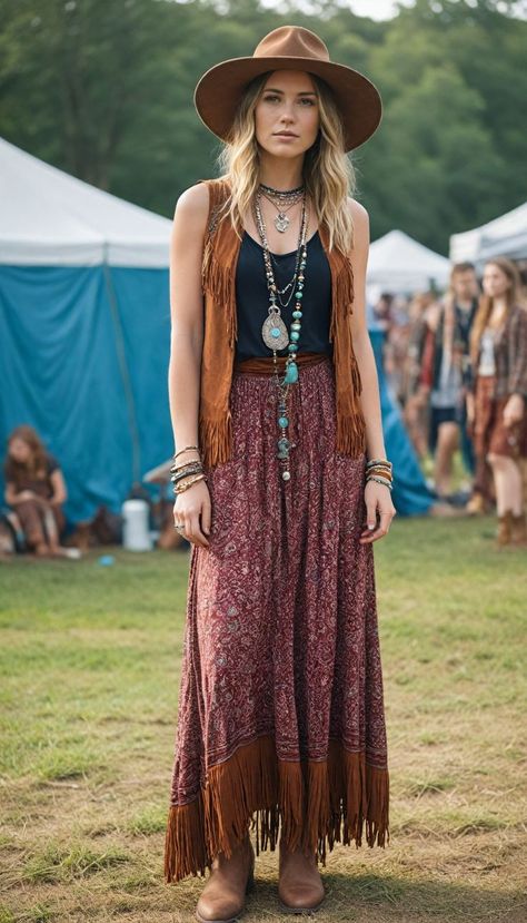 Bohemian Vest Outfit, 90s Hippy Fashion, Layering Maxi Dress Outfit, Boho Layered Outfits, Folk Festival Outfits, Curvy Boho Fashion, Boho Vest Outfit, Bohemian Festival Outfit, Woodstock Outfit