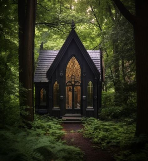 Gothic Tiny House Plans, Black Gothic House Exterior, Gothic Tiny Home, Gothic She Shed, Witchy Tiny House, Goth Tiny House, Witchy House Exterior, Small Gothic House, Gothic Cabin