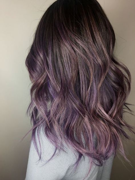 Brunette Lavender Hair, Dark Hair Colored Highlights, Brunette To Purple Hair, Lavender Brunette Hair, Brunette Purple Ombre, Subtle Purple Hair Brunettes, Brunette And Purple Hair, Lavender Brunette, Lavender Balayage Brunette