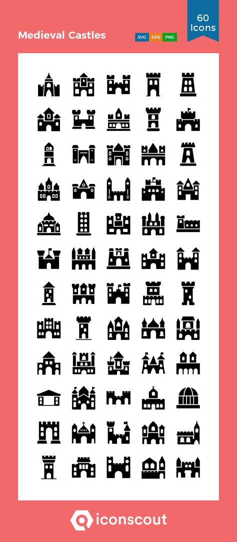 Medieval Castles  Icon Pack - 60 Glyph Icons Castle Icon Design, Fantasy Map Icons Castle, Medieval Symbols, Dnd Tokens, Castle Vector, Glyph Tattoo, Fantasy Map Making, Map Symbols, Dnd Items