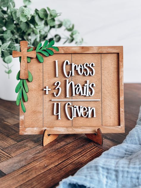 Christian Easter Decor Ideas, He Is Risen Decor, Christian Easter Decor, Cross Ideas, Easter Wood Signs, He Is Risen Easter, Easter Wall Decor, Laser Cut Decor, Cross Nails