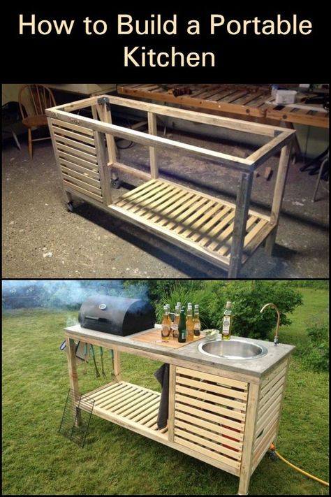 This outdoor kitchen is portable and easy to build! Diy Camping Kitchen Homemade, Outdoor Kitchen Made From Pallets, Campsite Outdoor Kitchen, Patio Sink Outdoor, Outdoor Portable Kitchen, Outdoor Camp Kitchen Ideas, Outdoor Wooden Kitchen, Deck And Outdoor Kitchen, Portable Outdoor Kitchen Ideas