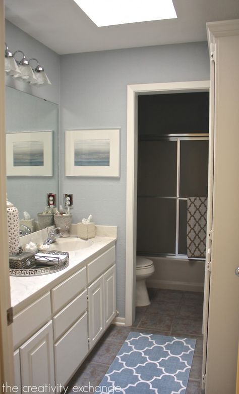 all color is Krypton from Benjamin Moore.  A light neutral blue that has just a slight warm gray undertone Soft Blue Paint Colors, Blue Beadboard, Warm Grey Walls, Blue Gray Paint Colors, Grey Wall Color, Blue Gray Paint, Light Gray Paint, Farmhouse Paint Colors, Blue Paint Colors