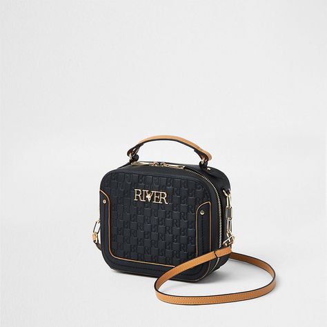 Black 'River' embossed boxy bag | River Island High-end Crossbody Box Bag With Handle Drop, River Island Handbags Grey, River Island Crossbody Bag, Luxury Rectangular Bag With Turn-lock Closure, River Island Bags, Boxy Bags, River Island, Arm Candy, Embossed Leather