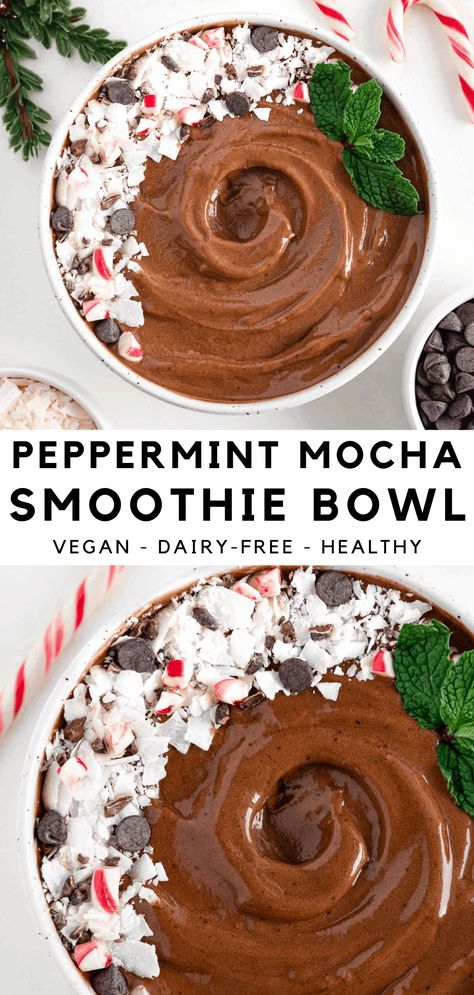 Peppermint mocha smoothie bowl is a festive recipe for the holiday season! It's thick and creamy, chocolatey, and contains a hint of peppermint extract. This Christmas smoothie is made with 5 ingredients, including cold brew coffee and cocoa powder. Add your favorite toppings, like crushed candy cane and chocolate chips! #smoothiebowl #peppermint #mocha #vegan #dairyfree #smoothie #christmasrecipes #holidayrecipes Essen, Christmas Smoothie, Christmas Smoothies, Crushed Candy Cane, Mocha Smoothie, Smoothies Vegan, Vegan Smoothie Recipes, Peppermint Extract, Vegan Christmas Recipes