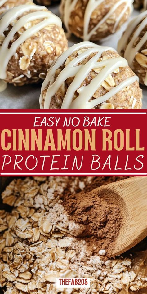 No-bake cinnamon roll protein balls drizzled with white chocolate, made with oats and almond butter, perfect for a healthy, peanut butter-free snack. Peanut Butter Oats Protein Balls, Protein Bites Healthy, Healthy Peanut Butter Balls Oats, Vanilla Protein Balls No Bake, Cinnamon Roll Energy Balls, Protein Balls Healthy Protein Powder, Cinnamon Roll Protein Balls, Cinnamon Toast Crunch Protein Balls, Protein Balls With Oats