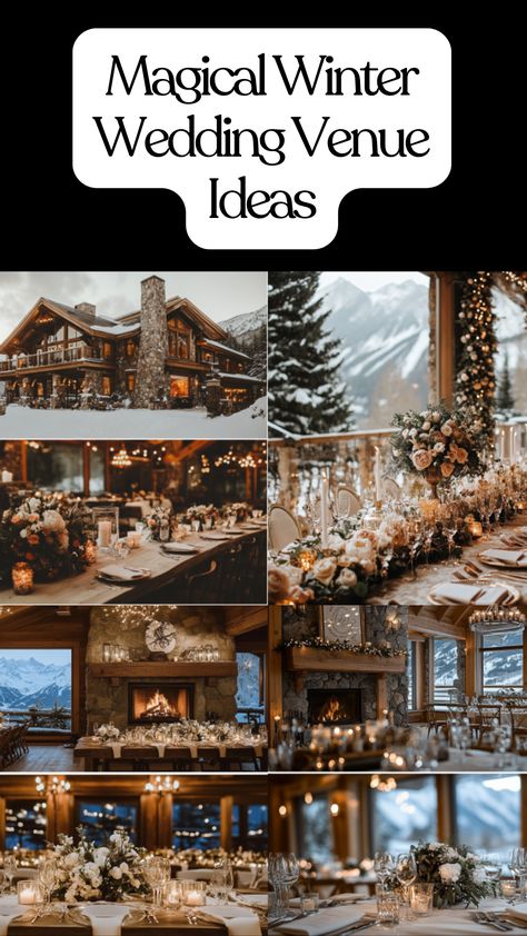 A romantic winter wedding at a ski chalet with cozy fireplaces, luxurious amenities, and breathtaking snow-capped mountain views. Outdoor Winter Wedding Ceremony Decor, Cozy Winter Wedding Ideas, Ski Chalet Wedding, Winter Lodge Wedding, Winter Wedding Venue Ideas, Winter Cabin Wedding, Winter Wedding Ceremony Decorations, Outside Winter Wedding, Ski Lodge Wedding