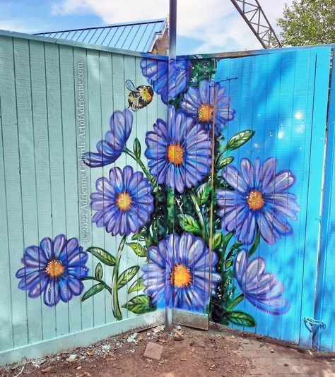 Fences Art, Home Murals, Fence Painting, Flower Fence, Garden Fence Art, Garden Mural, Portfolio Art, Easy Flower Painting, Flower Mural