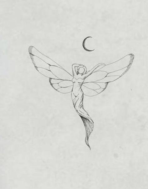 Art Nouveau Fairy Tattoo, Moon Fairy Tattoo Designs, Fairy Angel Tattoo, Angel Fairy Tattoo, Water Fairy Tattoo, Fairy And Moon Tattoo, Fairy Moon Tattoo, Elf Tattoo Design, Moon Fairy Tattoo