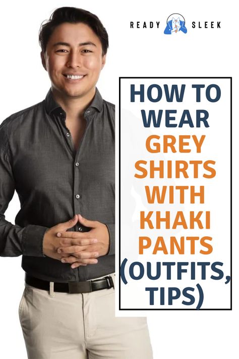 Master the Art of Mixing: Discover the ultimate guide to pairing grey shirts with khaki pants. From casual to formal, we've got you covered with trendy outfit ideas and expert tips to take your fashion game to the next level. Click here to unlock the secrets to a winning wardrobe combination! Image From Deposit Photos #GreyShirts #KhakiPants #outfits #styleguide #styletips Black Polo With Khaki Pants, White Shirt And Khaki Pants Men, Black Shirt With Gray Pants Men, Grey Khakis Men Outfit, Gray And Khaki Outfit, Grey Shirt And Black Pants Men, Khaki Outfit Men, Shirt Combination Men, Tan Pants Men