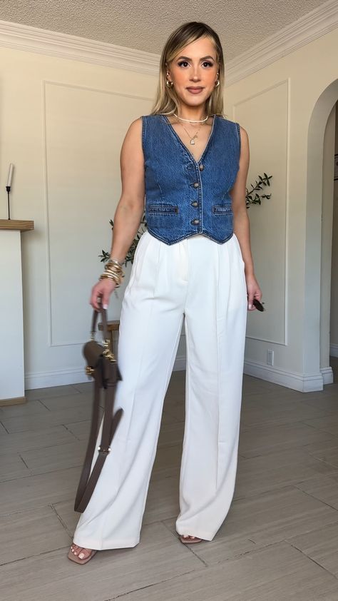 Denim Vest Shirt Outfit, Women Denim Vest, White Gilet Outfit Women, Denim Pants Outfits For Women, Fitted Denim Vest, White Blue Jeans Outfit, Denim Vest With Dress, Jean Vest Outfits For Women, Styling Denim Vest