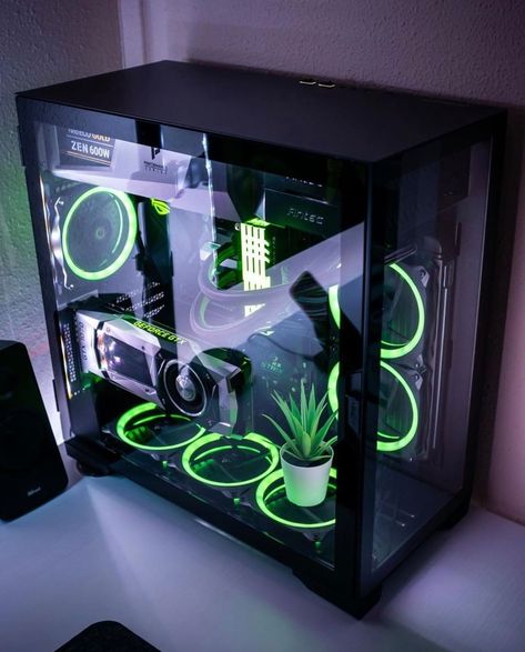 Black Matte Case + GTX 1070 ⚔️ Love the color combo between the plant and the RGB 💻What do you think ? By @dailysetuptech… Custom Computer Case, Green Pc, Nixie Tube Clock, Gaming Desk Setup, Build A Pc, Computer Gaming Room, Home Studio Setup, Monitor Arm, Pc Build