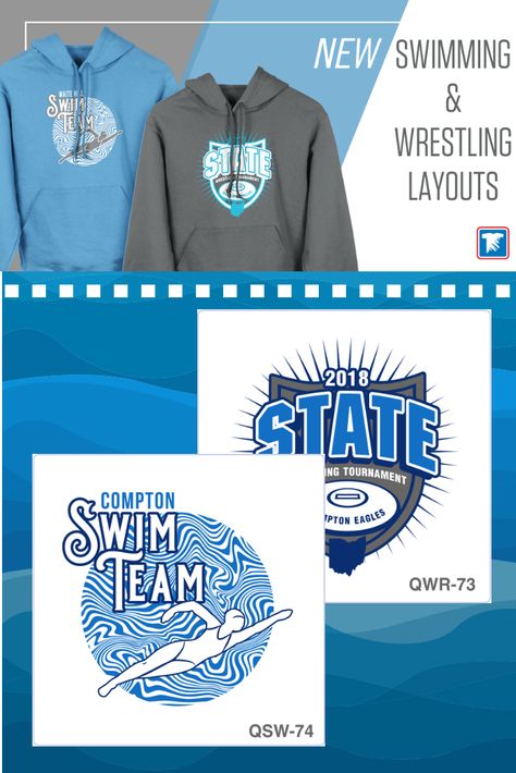 Design your heat transfers for Wresting and Swim team apparel using these new layouts from Transfer Express. State Swim Team Shirts, Swim Shirt Designs, Swim Team Shirts Design, Swim Team Shirt, Easy Prints, Swim Design, Swim Team Shirts, Swim Logo, Swimming Clothes