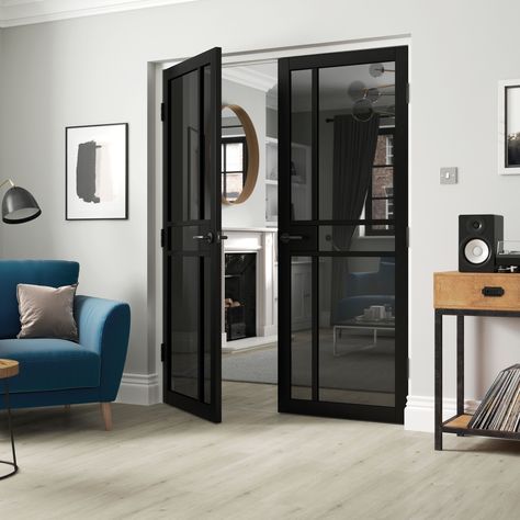 Discover our entire range of doors by visiting https://www.jbkind.com/ Door Partition, Industrial Doors, Black Interior Door, Internal Glass Doors, Internal Door, Glass Doors Interior, Indoor Doors, Tinted Glass, Urban Industrial