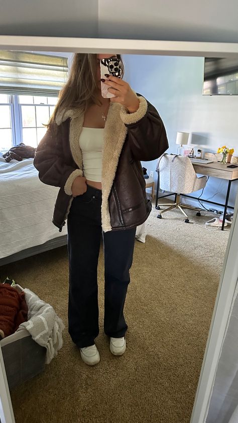 Faux Leather Sherpa Jacket Outfit, Sherpa Jacket Aesthetic, Urban Outfitters Leather Jacket, Aritzia Jumpsuit Outfit Winter, Sherpa Lined Leather Jacket, Fluffy Leather Jacket Outfit, Sherpa Leather Jacket Outfit, Leather Sherpa Jacket Outfit, Sherpa Lined Jacket Outfit