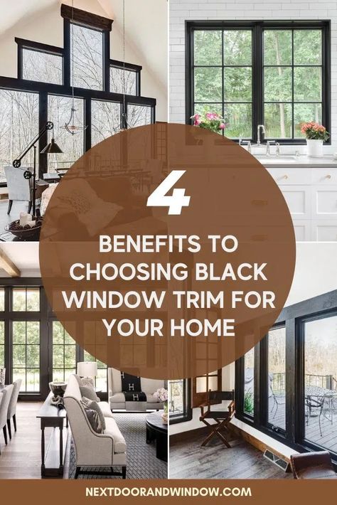 Trim Around Black Windows Interior, Window Trim And Baseboards, Black Trimmed Interior Windows, Painted Black Window Trim, Black Window Trim Interior Log Cabin, White Windows Trimmed In Black, White Walls With Black Windows, Interior Window Trim Colors, Dark Window Frames Exterior