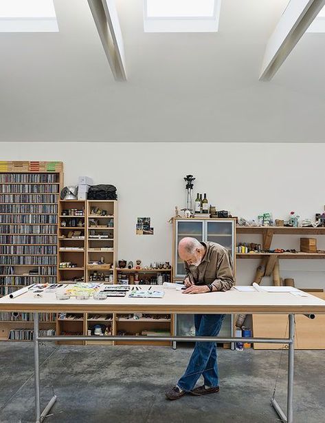 Organized Workspace, Studio Workspace, Slope Ceiling, Studio Storage, Workspace Studio, Design Studio Workspace, Live Work Space, Modern Shed, Art Studio Space