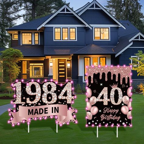 PRICES MAY VARY. 🎉【PACKAGE INCLUDES】This set of two exquisite stylish birthday yard signs, including 1piece 15.7x11.8 inches "Happy 40th Birthday" yard sign, 1piece 15.7x10.3 inches "Made in 1984" yard sign, two string light and 4pcs 13.77 inches solid stakes. It will fit perfectly in your yard and bring an elegant and stylish atmosphere to your 40th birthday celebration, making the special day more impressive! 🎉【HIGH QUALITY MATERIALS】Our birthday signs are made of 4mm thick corrugated plasti 50th Birthday Party Favors, 1974 Birthday, Happy Birthday Yard Signs, Birthday Decorations For Men, 50th Birthday Party Decorations, Birthday Signs, Birthday Yard Signs, 50th Birthday Decorations, 50th Party