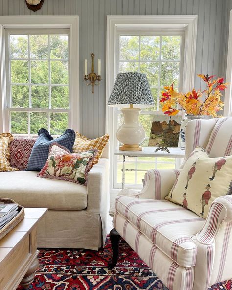 Hello and welcome to the sun room in her new color! This beautiful bold and bright colored rug from @suzanne.the.rug.dealer was begging… | Instagram Transitional With Pops Of Color, Colorful Southern Home Decor, Colourful Cottage Living Room, Colorful Cottage Interiors Living Room, Homes With Color, Open Concept Home Decor, Mixed Patterns Living Room, Pretty Sunrooms, Colorful Cozy Home