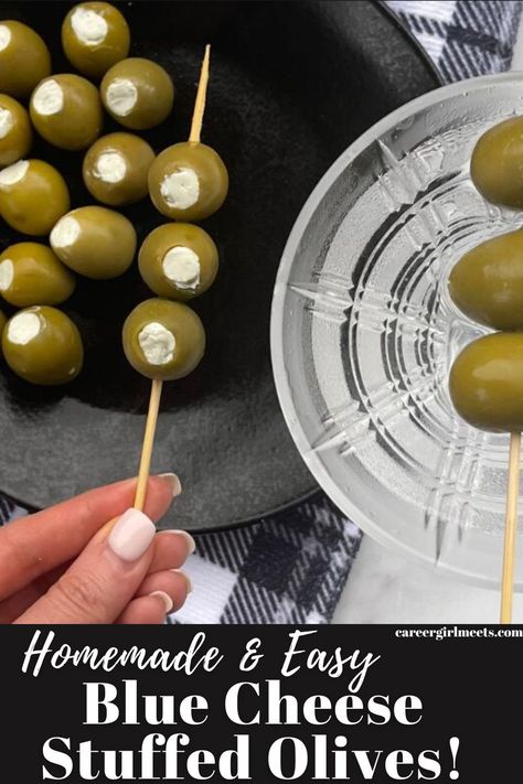 These homemade Blue Cheese stuffed olives are the best! This recipe is easy to make, and you'll only need blue cheese, cream cheese, and olives. These stuffed olives are a perfect garnish for dirty martinis and bloody marys. Or they are the perfect appetizer bite on a charcuterie board. Check out this easy recipe on how to make blue cheese stuffed olives! You can also make fried blue cheese olives.

// blue cheese stuffed olives // dirty martinis // appetizers // charcuterie board // Blue Cheese Olives Recipe, Extra Dirty Martini Recipe, Marinated Cheese And Olives, Cream Cheese And Olives, Stuffed Olives Recipe, Blue Appetizers, Blue Cheese Olives, Blue Cheese Appetizers, Cabana Bar