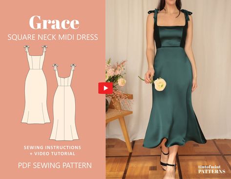 PDF Grace Square Neck Satin Dress Digital Sewing Pattern Make your own square neck dress using a Grace pattern. Simply print out the pattern pieces, cut them out from the desired fabric, and follow my sew-along tutorial on how to make this dress! If you know how to sew or are just a beginner, this pattern and tutorial are beginner-friendly and super easy to follow. This dress features a square neckline, back zip, and shoulder bow tie. Perfect option as a bridesmaid dress or a dress for a special Sewing Projects Clothes, Couture Mode, Square Neck Dress, Diy Sewing Clothes, Fashion Sewing Pattern, How To Make Clothes, Dress Sewing Pattern, Dress Sewing, Dress Sewing Patterns