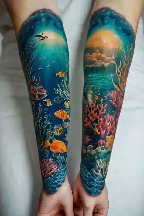 Whether you're a beach lover or a nautical enthusiast, our collection of 30 Ocean Sleeve Tattoos offers something for everyone. Get inspired by the ocean's beauty and find the perfect tattoo to express your love for the sea.   ocean leg sleeve tattoo | sea tattoo sleeve | ocean theme tattoos | dark skin tattoo | pirate tattoo sleeve | sea life tattoos | beach tattoo | beach tattoo ideas | ocean animal tattoos Under The Sea Tattoo Sleeve, Ocean Leg Sleeve Tattoo, Ocean Tattoos Sleeve, Tattoo Ideas Ocean, Tattoos Dark Skin, Ocean Animal Tattoos, Pirate Tattoo Sleeve, Sea Tattoo Sleeve, Tattoo Pirate