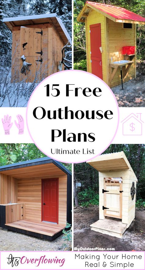 15 Free Outhouse Plans To Build an Outhouse Cheaply Pallet Outhouse Diy, Indoor Outhouse Bathroom Ideas, Modern Outhouse Bathroom, Out House Ideas Bathroom, Pool Outhouse Ideas, Diy Outhouse Bathroom Composting Toilet, Outhouses Ideas Buildings, Outhouse With Shower Ideas, Outhouse Design Ideas