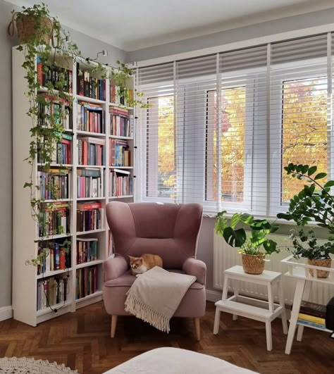 Book Corner Apartment, Apartment Reading Corner, Bookshelves In Corner Wall, Reading Book Apartment, Cosy Bedroom Bookshelf, Girly Library, Reading Nook Plants Cozy Corner, Bookshelf And Plants Aesthetic, Cute Living Room Ideas