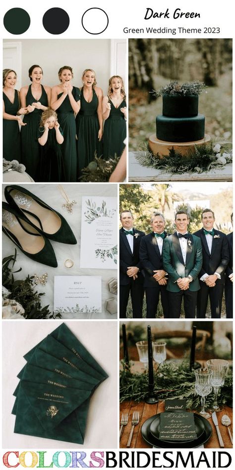 dark green wedding colors for green wedding themes 2023: dark green bridesmaid dresses, white bridal gowns, black groomsmen suits with dark green ties, dark green wedding cakes, dark green wedding invitation, dark green bridal shoes, dark greenery wedding centerpieces. #weddings #weddingideas #bridesmaiddresses #colsbm #2023 #darkgreenwedding Emerald Green Gothic Wedding, Wedding Color Schemes Spring Green, Wedding Theme Colors Fall, Dark Green Wedding Ideas, Forest Green Wedding Dress, Black And Dark Green Wedding, Black Emerald Gold Wedding, Black And Blue Wedding Theme, Dark Green Wedding Cakes