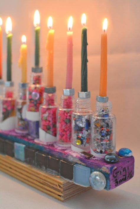 Make Hanukkiahs from Recycled Materials - Meri Cherry Hanukkah Preschool, Hannukah Crafts, Hanukkah Ideas, Hanukkah Diy, Meri Cherry, Hanukkah Activites, Diy Hanukkah, Hanukkah Art, Hanukkah For Kids