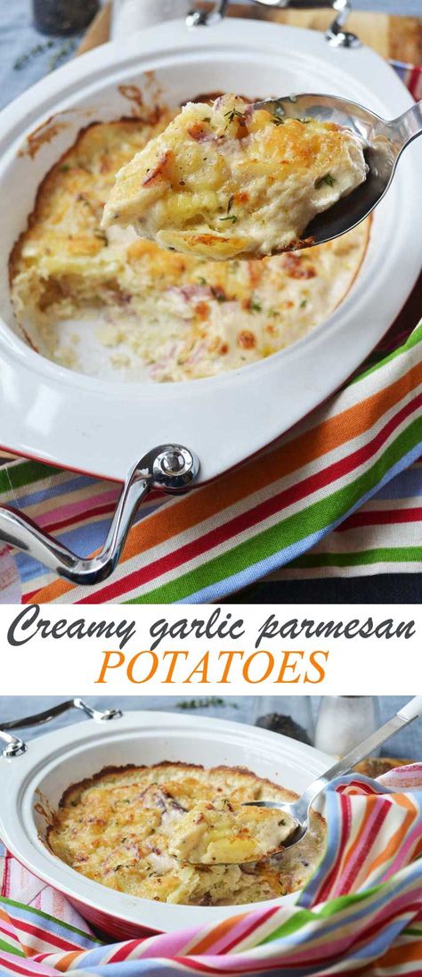 Creamy garlic parmesan potatoes (dauphinoise potatoes) Dauphinoise Potatoes, Potatoes Dauphinoise, Garlic Parmesan Potatoes, Diner Ideas, 1950s Diner, Diner Food, Parmesan Potatoes, Veggie Dinner, Diner Recipes