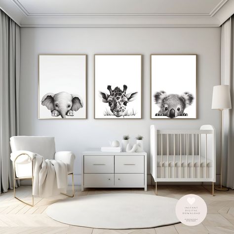 Black & White Peeking Animals Nursery Decor Animal Themed Baby Room Decor Printable Art - Etsy Black And White Theme Nursery, Black And White Nursery Gender Neutral, Black And White Nursery Boy, Black And White Baby Nursery, Grey And White Nursery, Beige Nursery, Black And White Nursery, Animal Baby Room, Grey Baby Nursery