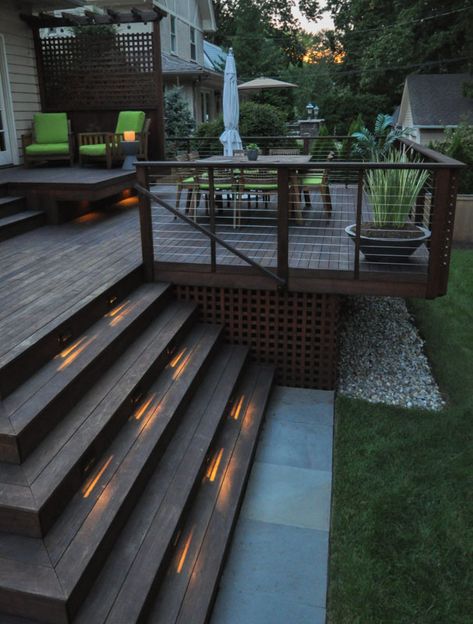 Deck Ideas Lights, Lights In Decking, Deck With Stairs All Around, Raised Deck Off Back Of House, Deck With Landing, Deck Ideas With Gazebo, Multi Tier Deck, Big Deck Ideas, Wide Deck Stairs